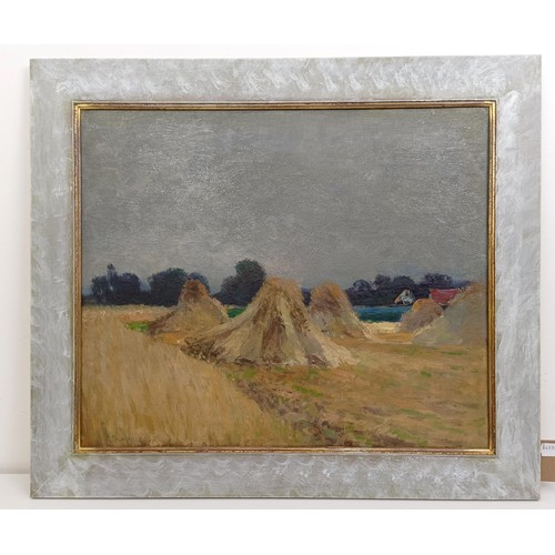 1041 - 20th century, English school, haystacks in a field, indistinctly signed, 48 x 58 cmProvenance: On in... 