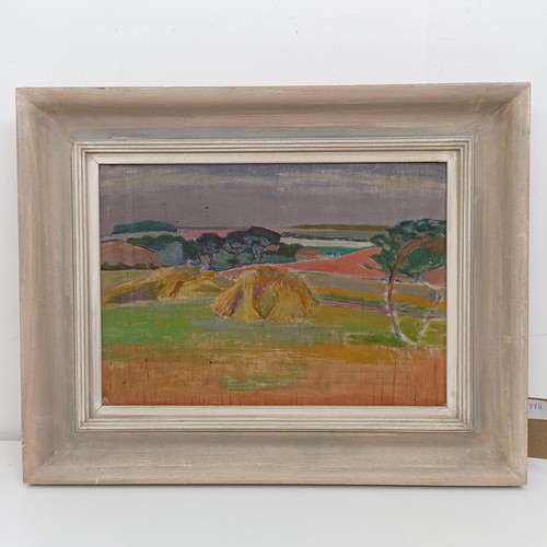 1046 - Sydney Sheppard (1905-1991), haystacks in a field, oil on board, unsigned, 24 x 34 cm, Sally Hunter ... 