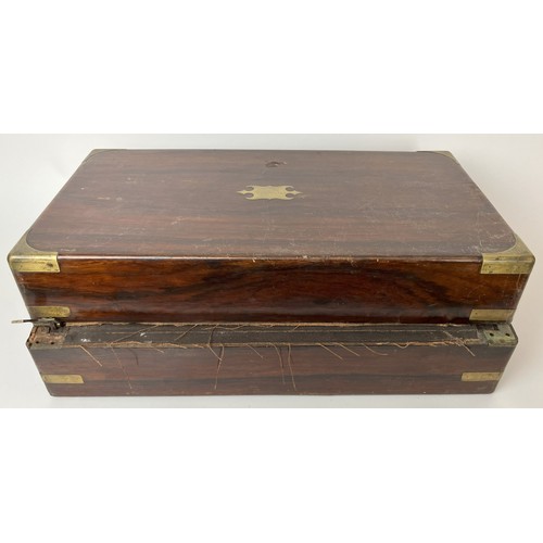 1095 - A rosewood writing box, in need of extensive restoration, 46 cm wide, a shooting stick, a pair of la... 