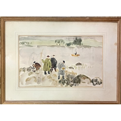 1058 - Nicolette Macnamara, The Bathers, watercolour, 22 x 35 cm, artist label verso, a landscape with a ho... 