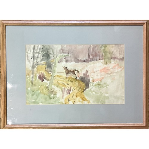 1058 - Nicolette Macnamara, The Bathers, watercolour, 22 x 35 cm, artist label verso, a landscape with a ho... 