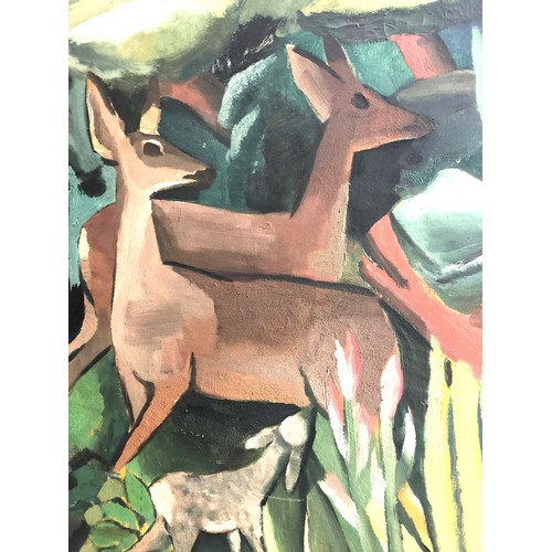 1055 - 20th century, English school, three deer in an extensive landscape, oil on canvas, indistinctly sign... 