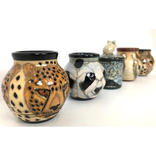 319 - A Dennis Chinaworks vase, decorated a mouse, 5 cm high, three others, and a vase with a lid, with mo... 