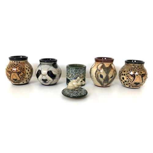 319 - A Dennis Chinaworks vase, decorated a mouse, 5 cm high, three others, and a vase with a lid, with mo... 