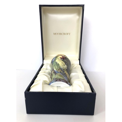 342 - A limited edition Moorcroft miniature enamel vase, Green Woodpecker, 15/75, 10 cm high, boxed with c... 