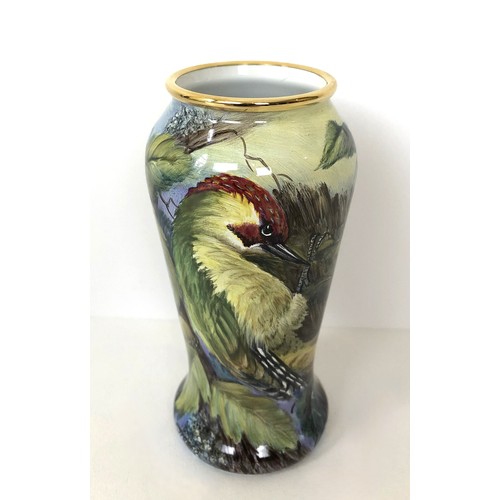 342 - A limited edition Moorcroft miniature enamel vase, Green Woodpecker, 15/75, 10 cm high, boxed with c... 