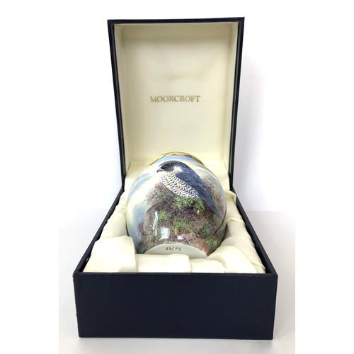 343 - A limited edition Moorcroft miniature enamel vase, The Peregrine, 63/75, 9 cm high, boxed with paper... 