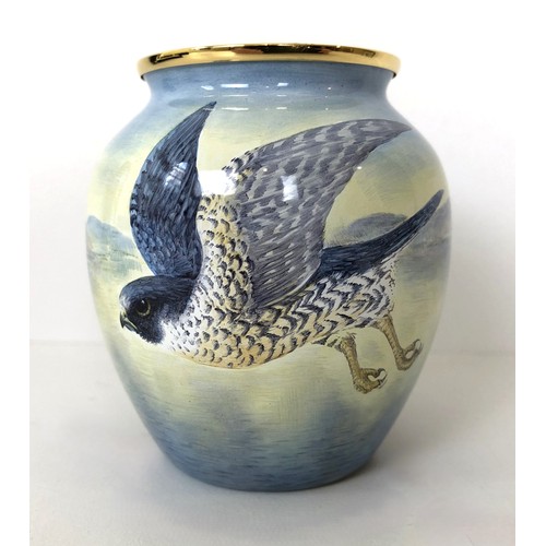 343 - A limited edition Moorcroft miniature enamel vase, The Peregrine, 63/75, 9 cm high, boxed with paper... 