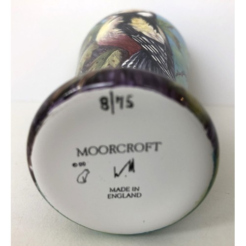 344 - A limited edition Moorcroft miniature enamel vase, Woodpeckers 8/75, 10 cm high, boxed with a certif... 