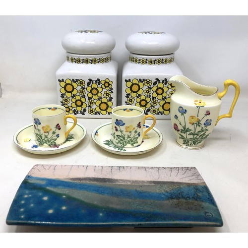 401 - A Crown Staffordshire Art Deco part coffee service, decorated flowers, a pair of 1970s storage jars,... 
