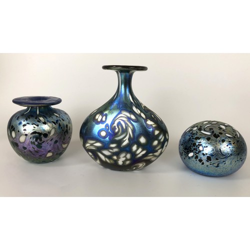 445 - An Isle of Wight glass vase, 11 cm high, another, 8 cm high, and a glass paperweight (3)