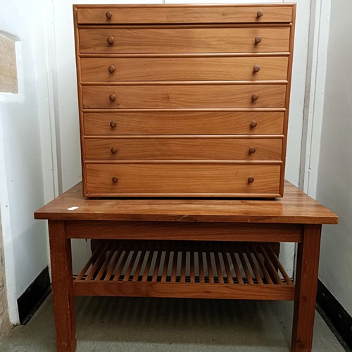 481 - A mid 20th century teak specimen cabinet, having seven graduated drawers, 58 cm high x 56 cm wide, a... 