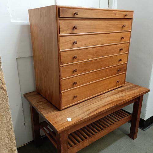 481 - A mid 20th century teak specimen cabinet, having seven graduated drawers, 58 cm high x 56 cm wide, a... 