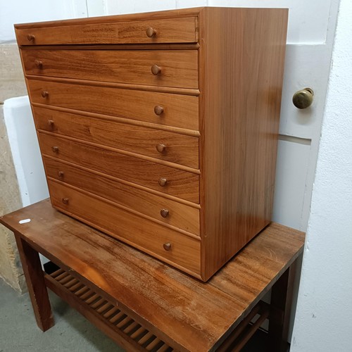 481 - A mid 20th century teak specimen cabinet, having seven graduated drawers, 58 cm high x 56 cm wide, a... 