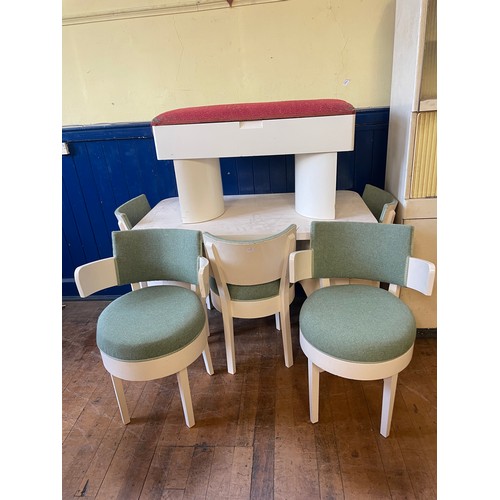 478 - A painted table, top 123 x 69 cm, four matching chairs and a similar stool (6)