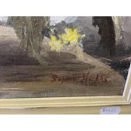 628 - Sophie Hobbs, still life of flowers, oil on board, signed, 42 x 50 cm, and assorted other pictures (... 