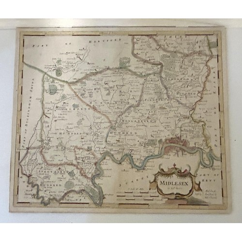 721 - A tinted map of Middlesex, by Robert Morden, 37 x 35 cm, and a map of Cornwall, 38 x 48 cm (2)