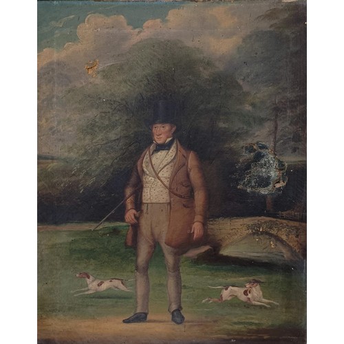 602 - 19th century, English school, study of a gentleman with a shotgun and two hounds, 54 x 44 cm