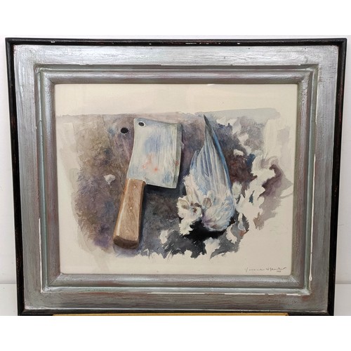 609 - Yvonne Hacker, a butcher's knife and a bird's wing, watercolour, signed, 1988, 33 x 40 cm and 20th c... 