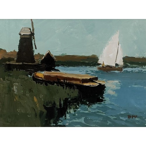 610 - D McIntyne, the windmill, oil on board, initialled DN, 29 x 38 cm, artist label verso