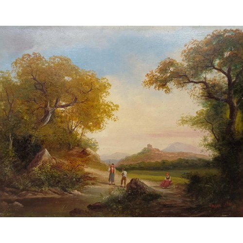 625 - 20th century, English school, landscape with figures, oil on board, indistinctly signed, 33 x 41 cm