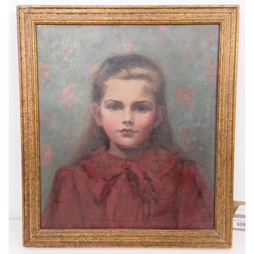 608 - 20th century, English school, portrait of a girl in a red jacket, oil on canvas, 40 x 34 cm