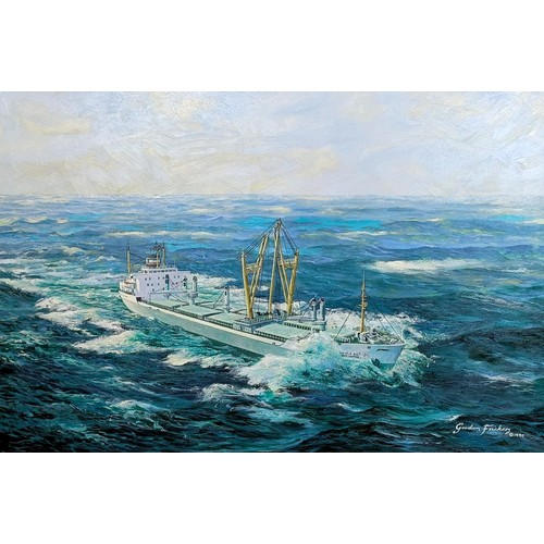 634 - Gordon Frickers, a cargo ship, oil on canvas, signed, dated 1990, 79 x 49 cm