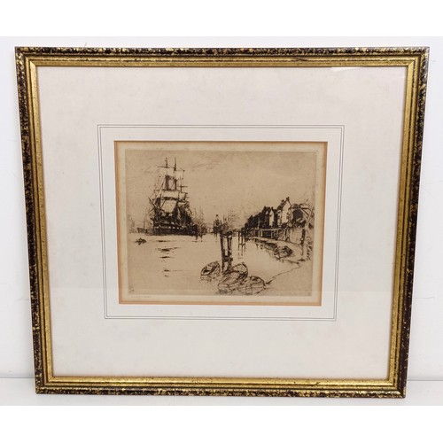 636 - Frank H Mason, a harbour scene, dry point etching, signed in pencil, 23 x 27 cm