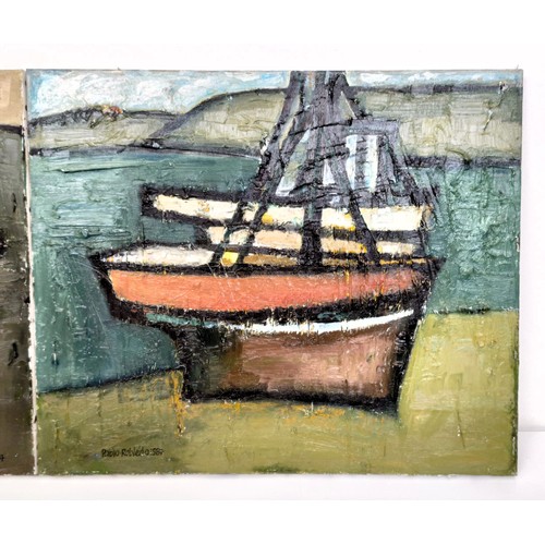 645 - Pablo Robledo, boats at low tide, oil on canvas, 46 x 55 cm, and another (2)