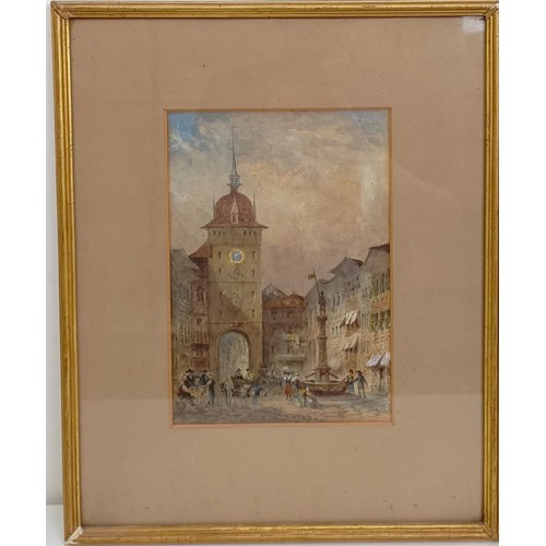 661 - Late 19th century, Continental school, a street scene, watercolour, monogrammed, 25 x 18 cm, and its... 