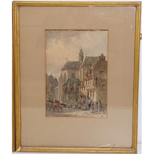 661 - Late 19th century, Continental school, a street scene, watercolour, monogrammed, 25 x 18 cm, and its... 