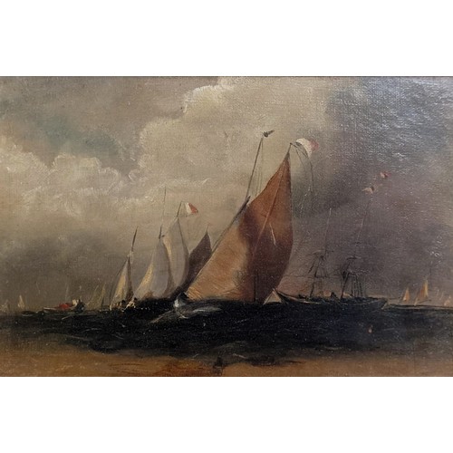 664 - 19th century, English school, ships at sea, oil on canvas, 15 x 21 cm, in a birdseye maple frame