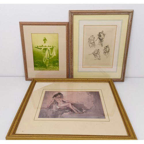 669 - An erotic print of a couple, 23 x 17 cm, after Russell Flint, a print of a lady, 18 x 28 cm, and a p... 
