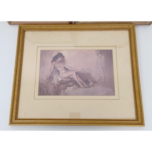 669 - An erotic print of a couple, 23 x 17 cm, after Russell Flint, a print of a lady, 18 x 28 cm, and a p... 