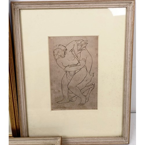 670 - An early 20th century erotic print, 18 x 15 cm, an erotic print of a lady with a devil, 13 x 9 cm, a... 