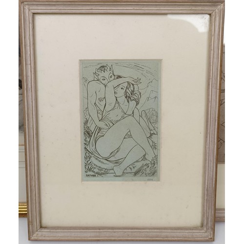 670 - An early 20th century erotic print, 18 x 15 cm, an erotic print of a lady with a devil, 13 x 9 cm, a... 