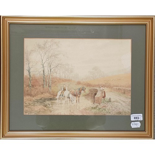 693 - Bernard Fogerty, two ponies and two figures, watercolour, signed, 26 x 34 cm, and its pair (2)