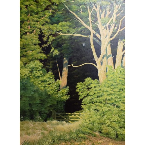 696 - Andrew Stock, woodland with a bird, oil on canvas, signed and dated '90, 121 x 88 cm