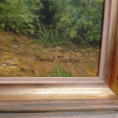 696 - Andrew Stock, woodland with a bird, oil on canvas, signed and dated '90, 121 x 88 cm