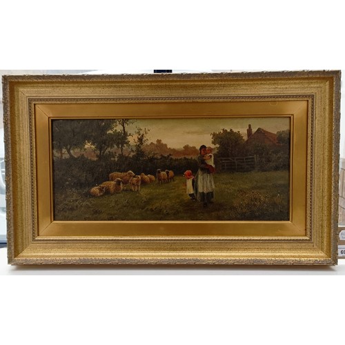 695 - Will Henderson, landscape with mother, children and sheep, oil on canvas, signed, 21 x 43 cm