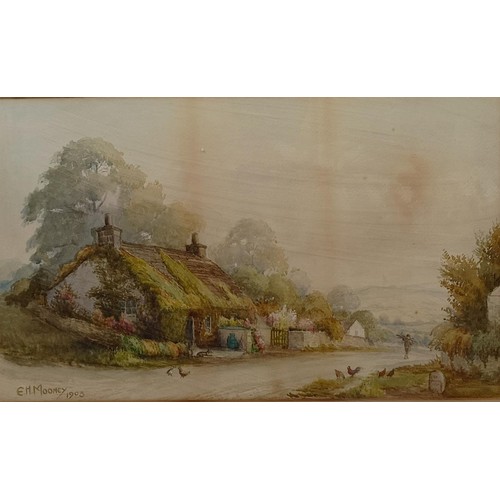 697 - E H Mooney, a thatched cottage, watercolour, signed and dated 1903, 27 x 45 cm