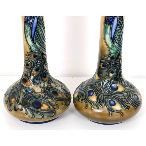 385 - A pair of Moorcroft vases, decorated peacocks, 20 cm high