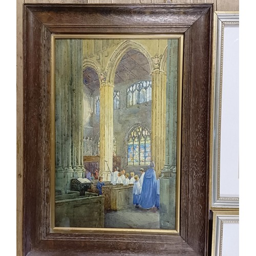 615 - Early 20th century, English school, a church interior, 34 x 20 cm, Ernest Chisel, landscape with sta... 