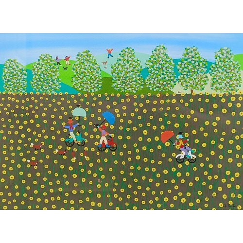 703 - Gordon Barker, landscape with figures, gouache, 30 x 39 cm