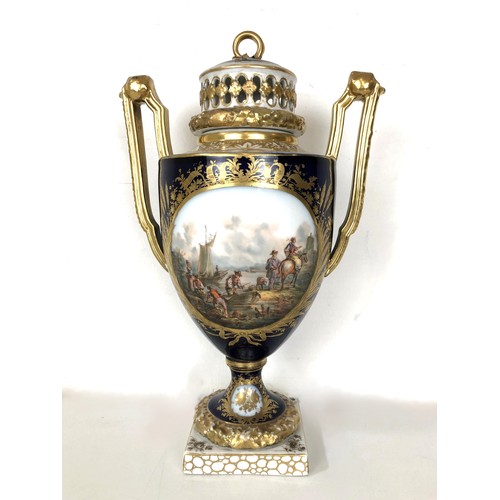 1260 - A late 19th/early 20th century Agustus Rex twin handled vase, with two oval cartouches decorated fig... 