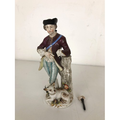 1262 - A Dresden figure of a man, with an attendant dog, 15 cm high, and three other Dresden figures (4)