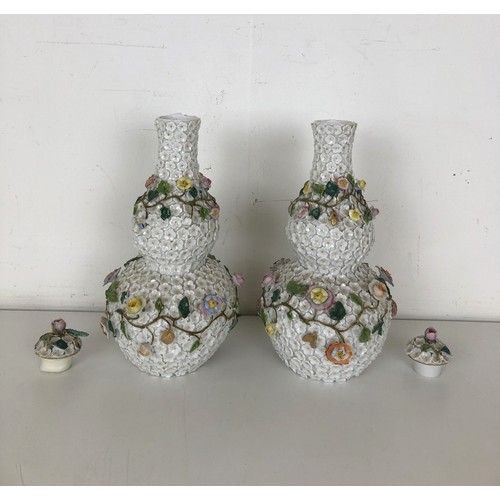 1264 - A pair of Meissen style Schneeballen double gourd vases and covers, 23 cm high