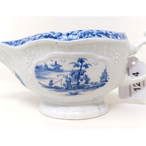 1294 - A blue and white porcelain sauce boat, decorated figures in a landscape, 18 cm