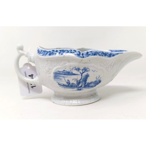 1294 - A blue and white porcelain sauce boat, decorated figures in a landscape, 18 cm