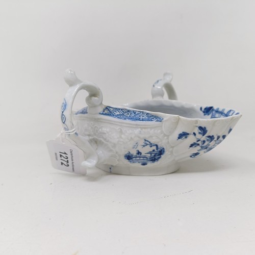 1272 - A porcelain blue and white double ended sauce boat, Roderick Jellicoe label, 20 cm